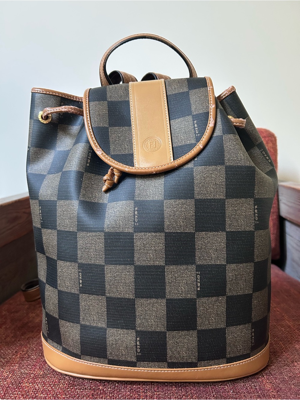 Fendi Brown and Tan Checkered Drawstring Backpack